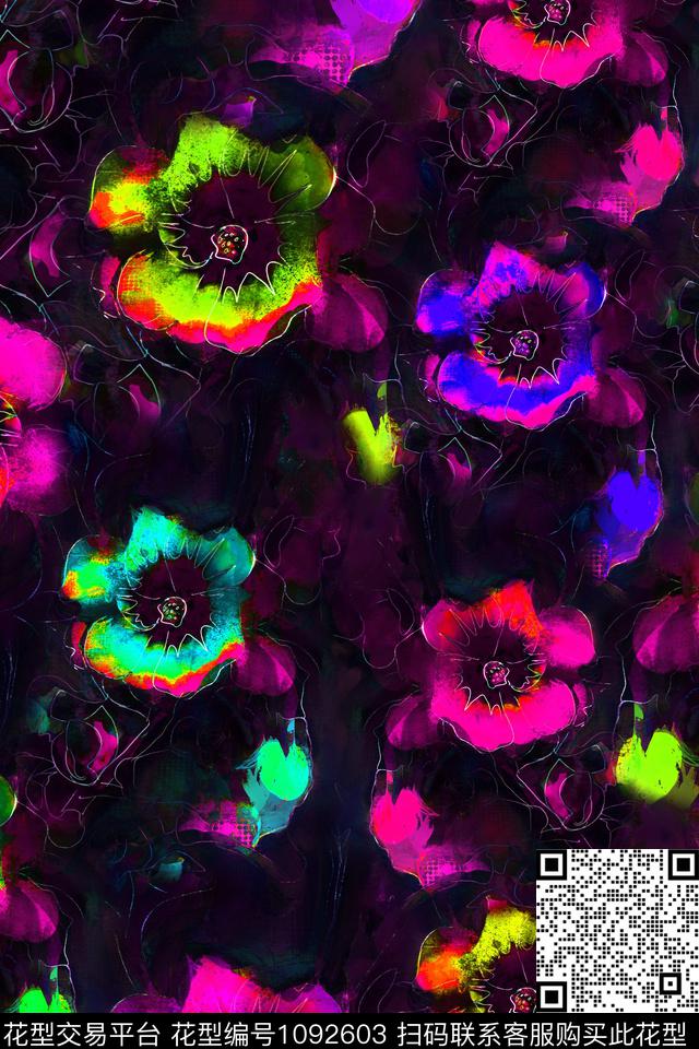 抽象花卉线条花卉女装数码印花华亿平台下载（图片编号: 1092603） - 瓦栏（Walan）