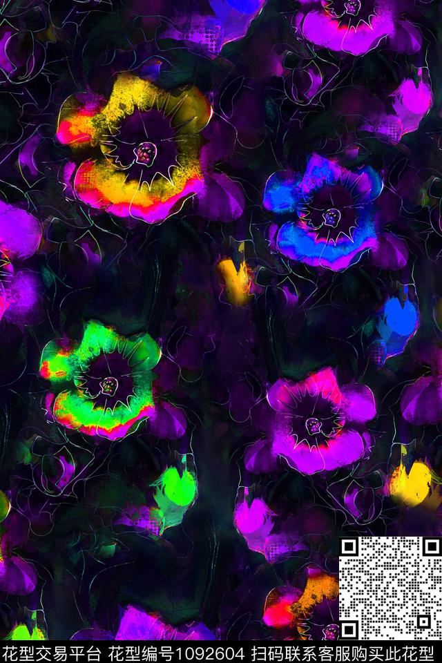 抽象花卉线条花卉女装数码印花华亿平台下载（图片编号: 1092604） - 瓦栏（Walan）