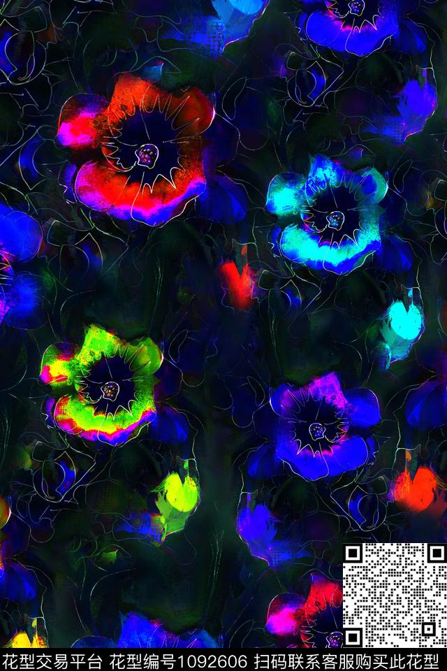 抽象花卉线条花卉女装数码印花华亿平台下载（图片编号: 1092606） - 瓦栏（Walan）