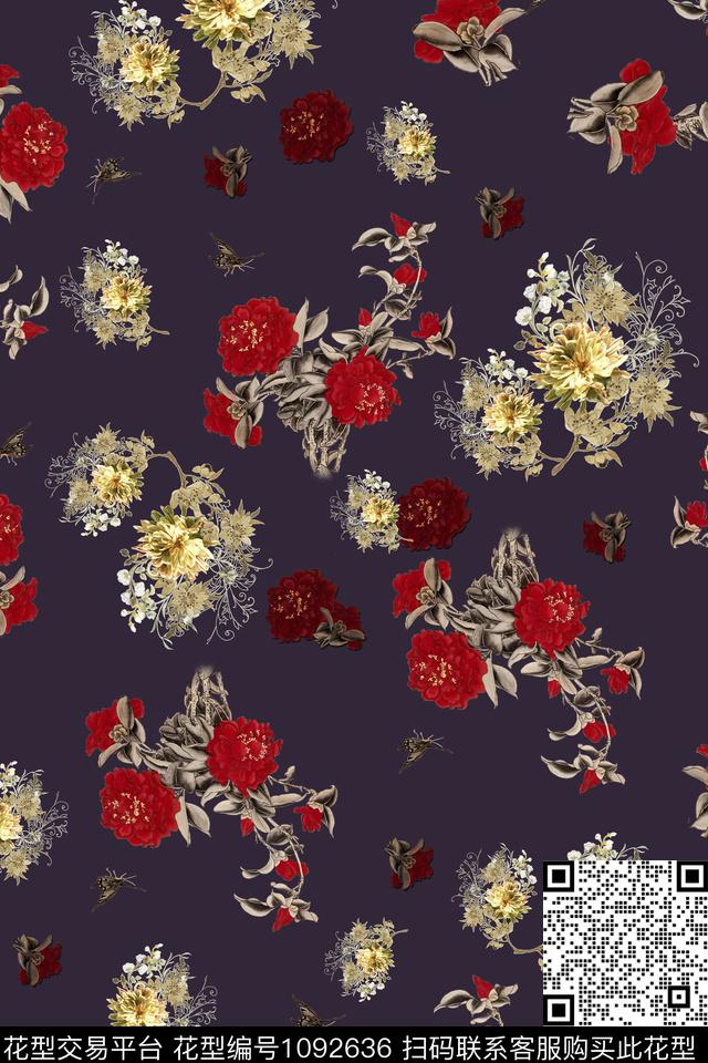 花卉女装深色数码印花华亿平台下载（图片编号: 1092636） - 瓦栏（Walan）