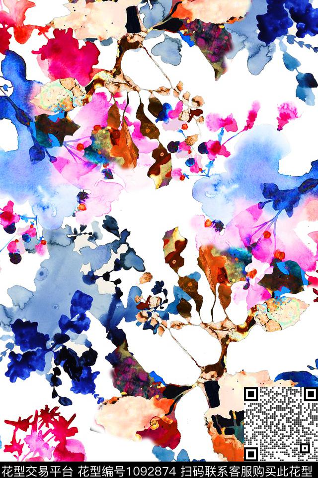 抽象水彩花卉数码印花华亿平台下载（图片编号: 1092874） - 瓦栏（Walan）