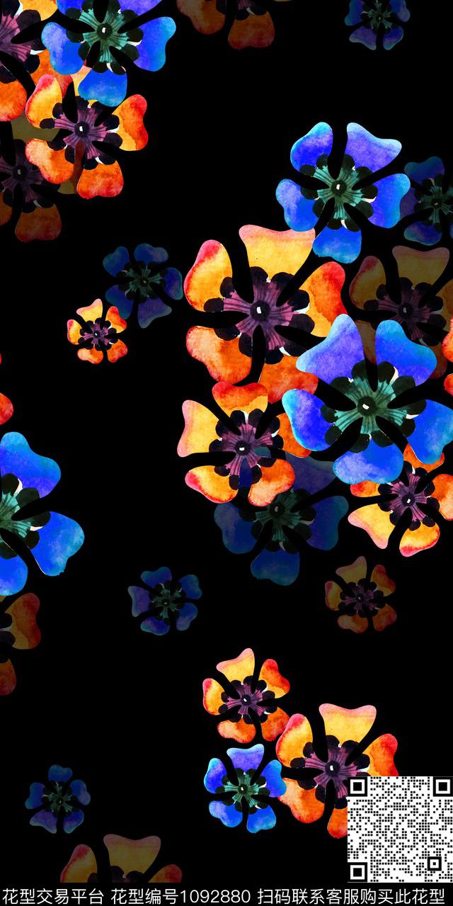 黑底花卉满版散花大牌风数码印花华亿平台下载（图片编号: 1092880） - 瓦栏（Walan）