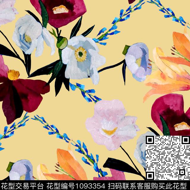 雪纺手绘花卉新品数码印花华亿平台下载（图片编号: 1093354） - 瓦栏（Walan）