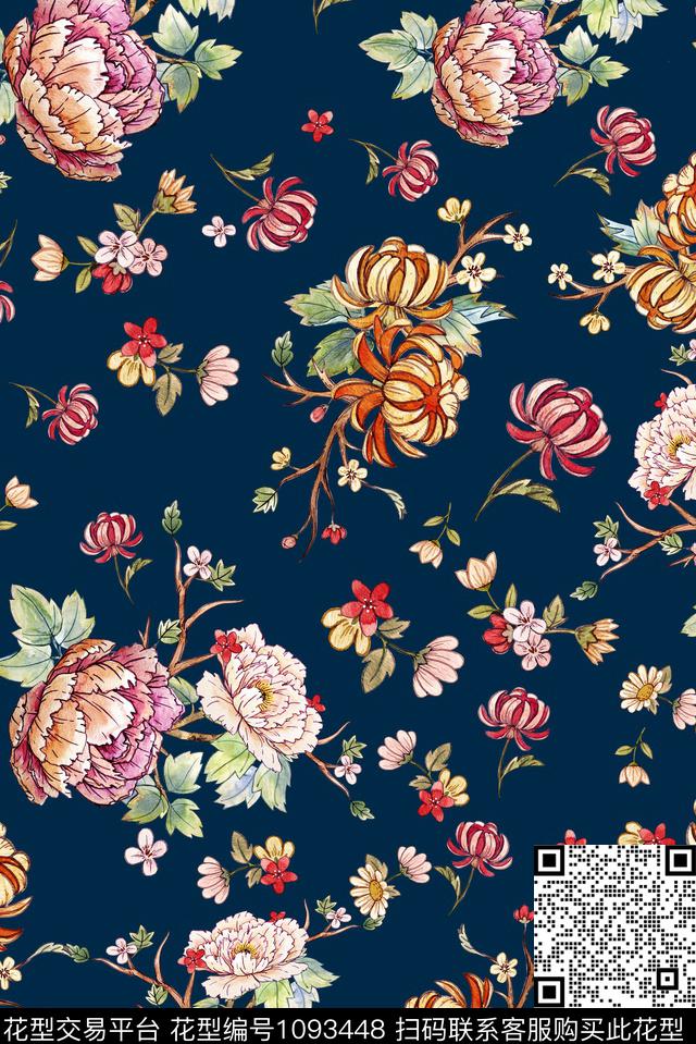 菊花手绘花卉牡丹数码印花华亿平台下载（图片编号: 1093448） - 瓦栏（Walan）