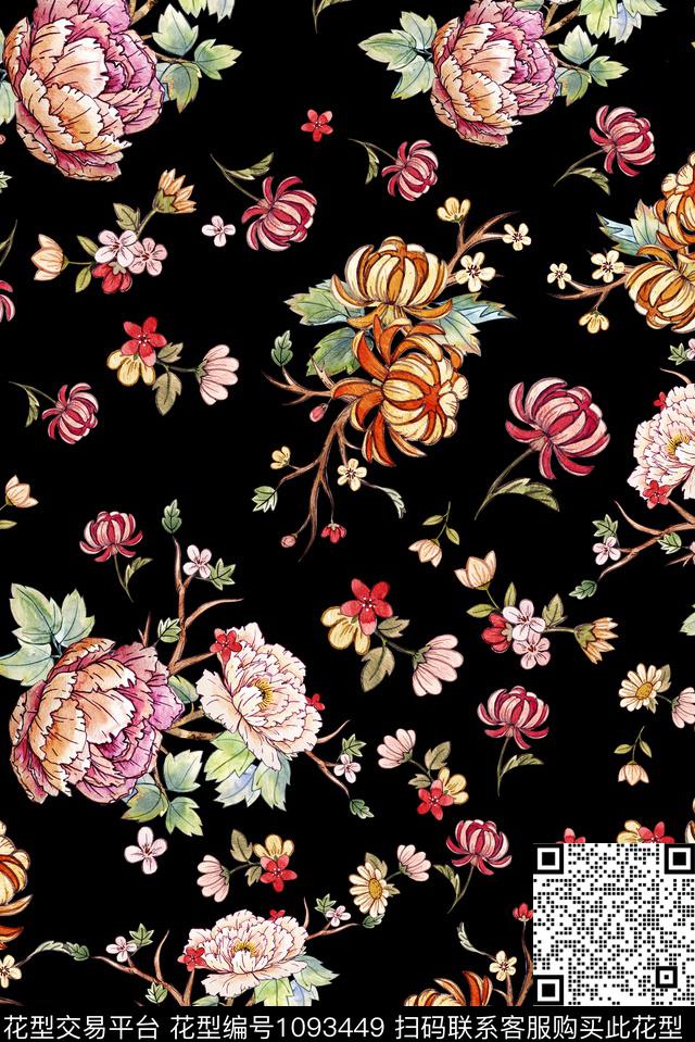 菊花手绘花卉牡丹数码印花华亿平台下载（图片编号: 1093449） - 瓦栏（Walan）
