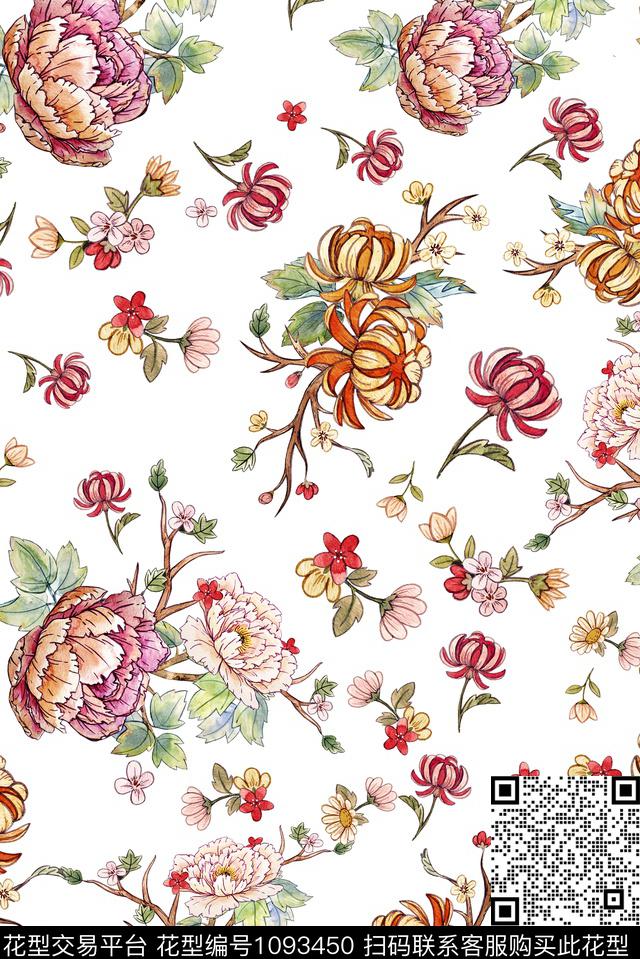 菊花手绘花卉牡丹数码印花华亿平台下载（图片编号: 1093450） - 瓦栏（Walan）
