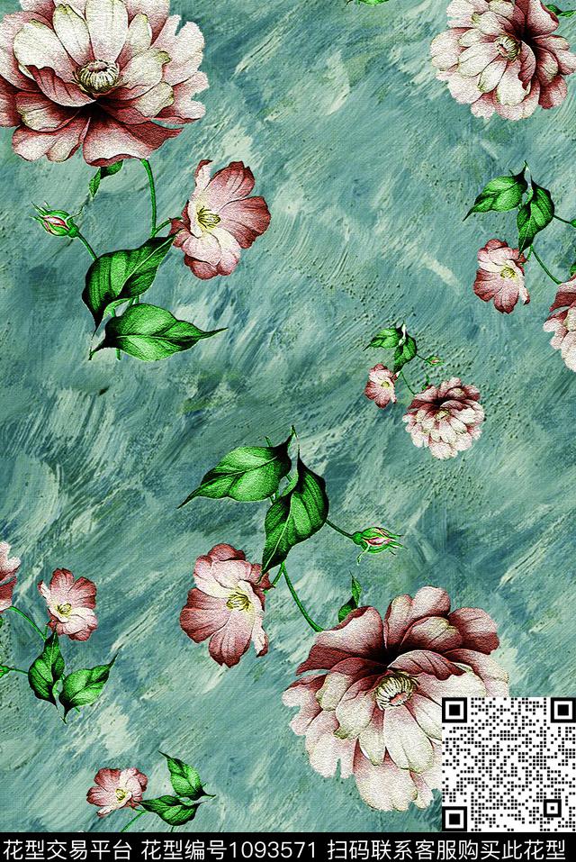 肌理手绘花卉中东数码印花华亿平台下载（图片编号: 1093571） - 瓦栏（Walan）