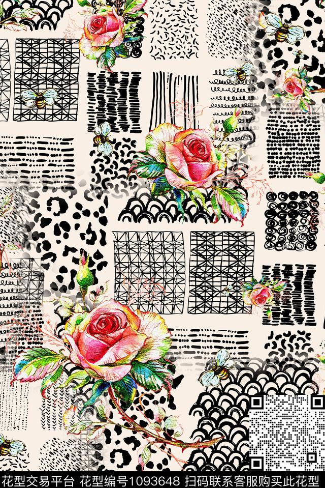 手绘玫瑰线条几何数码印花华亿平台下载（图片编号: 1093648） - 瓦栏（Walan）