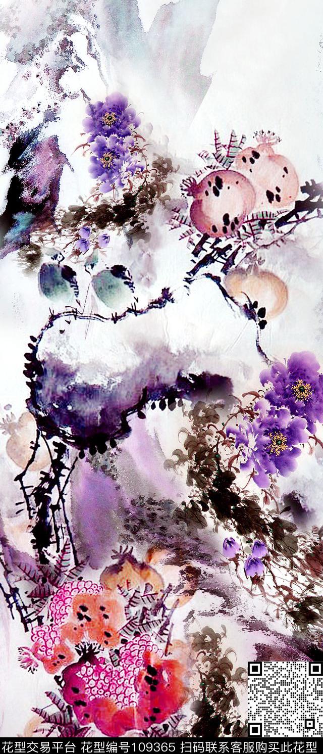 国画花卉水墨数码印花华亿平台下载（图片编号: 109365） - 瓦栏（Walan）