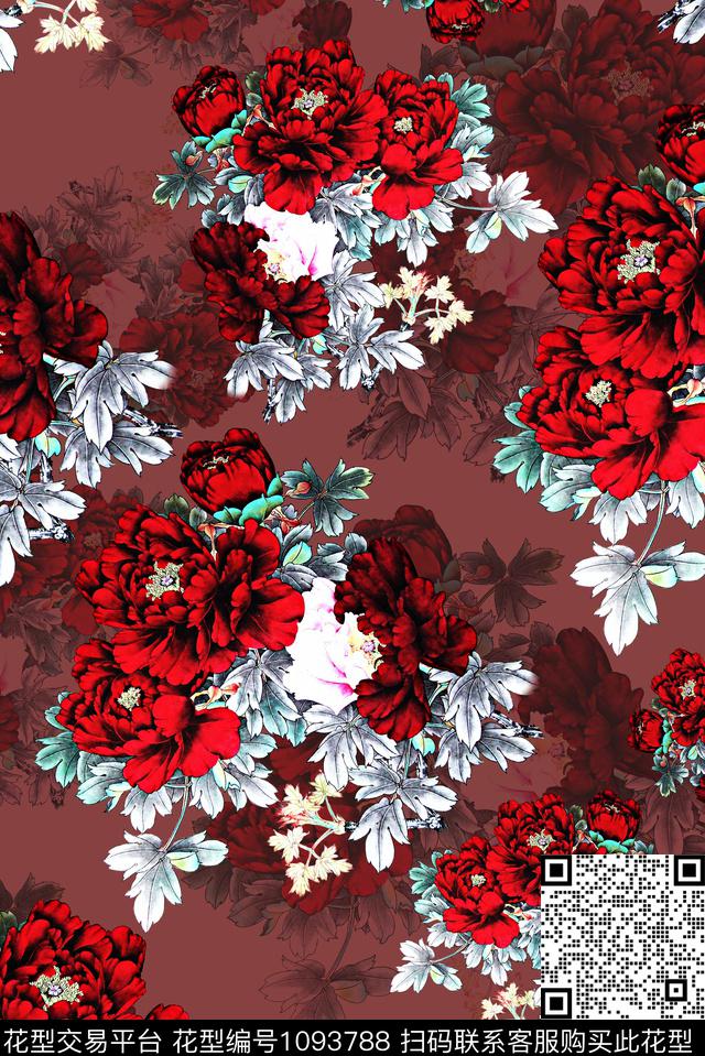 手绘花卉花卉女装数码印花华亿平台下载（图片编号: 1093788） - 瓦栏（Walan）