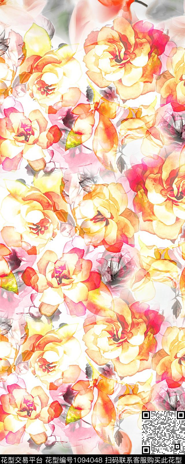 围巾花卉水彩花卉数码印花华亿平台下载（图片编号: 1094048） - 瓦栏（Walan）