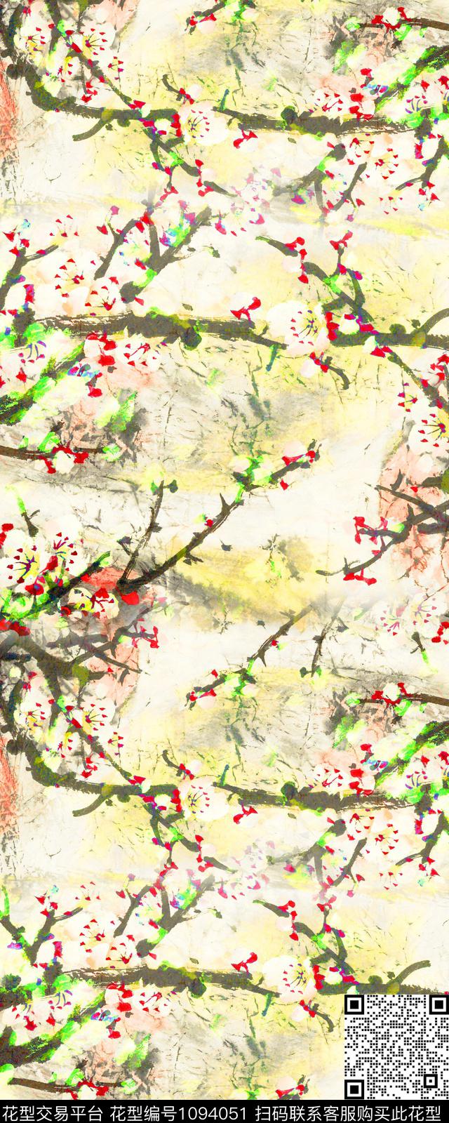 梅花围巾中国风数码印花华亿平台下载（图片编号: 1094051） - 瓦栏（Walan）
