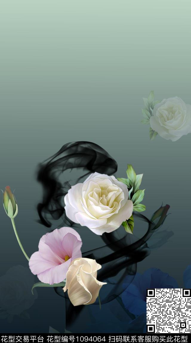 大花定位花手绘花卉数码印花华亿平台下载（图片编号: 1094064） - 瓦栏（Walan）