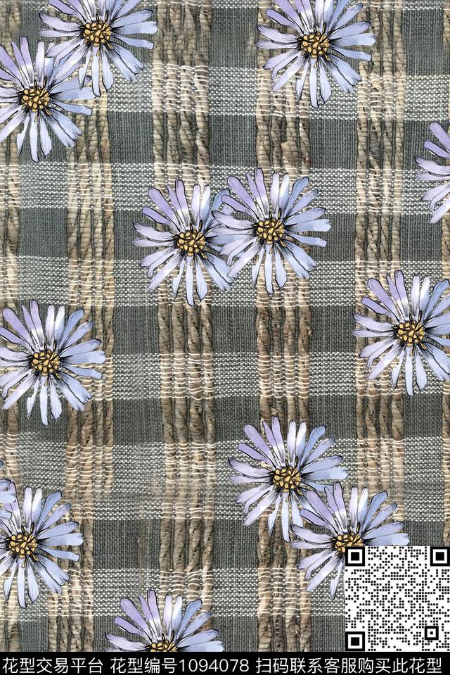 格子花卉大牌风传统印花华亿平台下载（图片编号: 1094078） - 瓦栏（Walan）