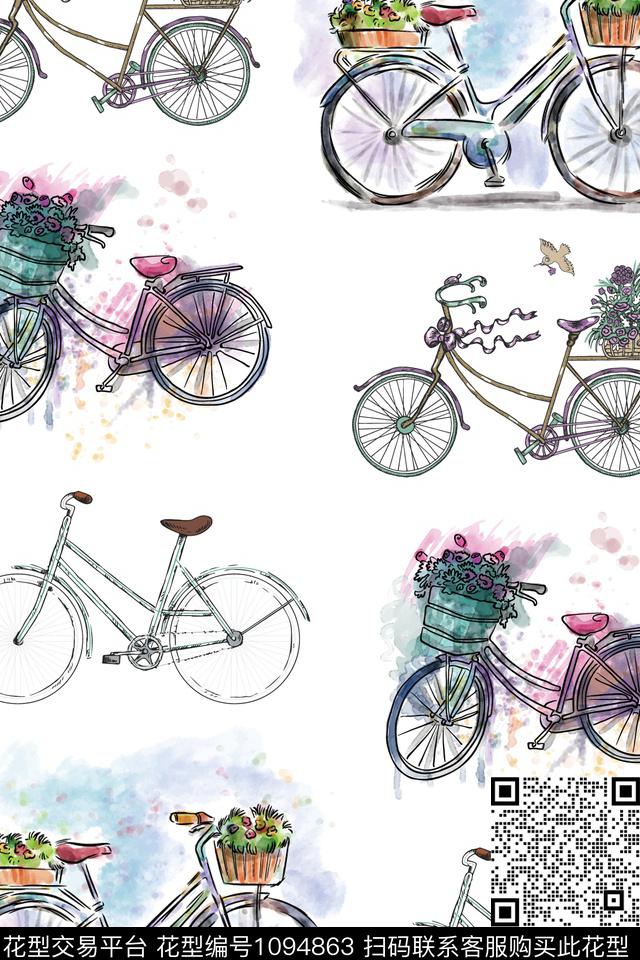抽象花卉自行车数码印花华亿平台下载（图片编号: 1094863） - 瓦栏（Walan）
