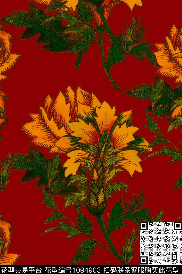 植物花卉复古数码印花华亿平台下载（图片编号: 1094903） - 瓦栏（Walan）