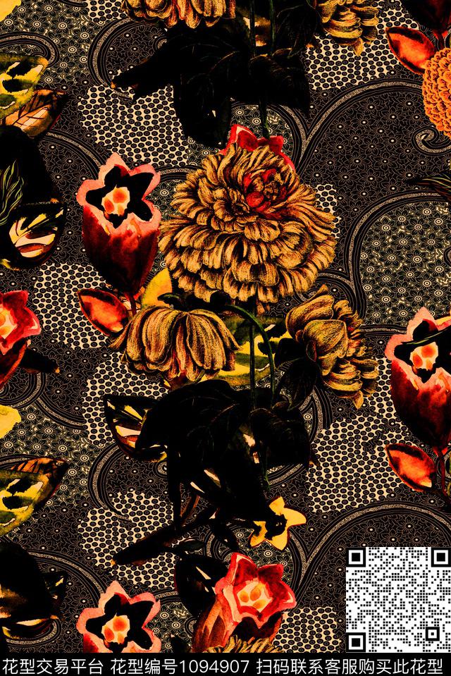 植物花卉复古数码印花华亿平台下载（图片编号: 1094907） - 瓦栏（Walan）