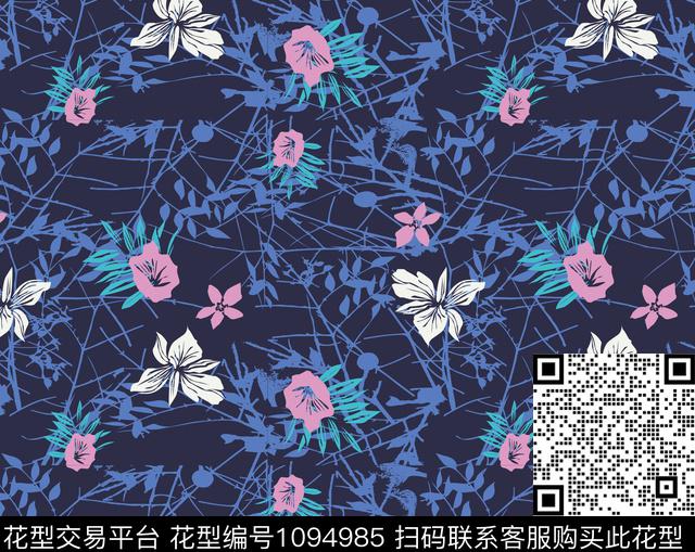 花卉绿植树叶深蓝底传统印花华亿平台下载（图片编号: 1094985） - 瓦栏（Walan）