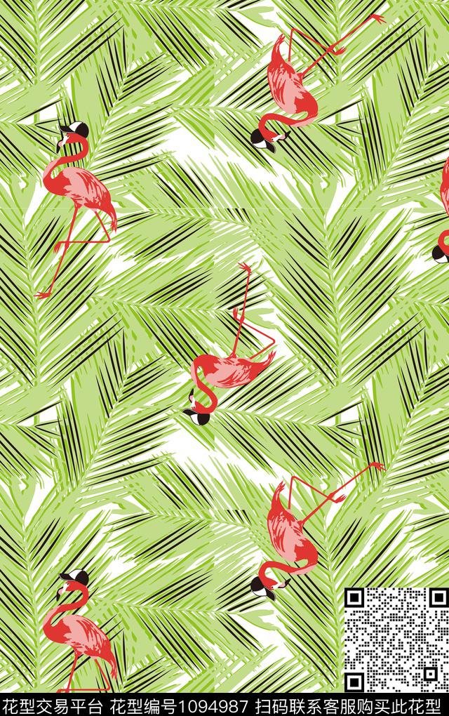 绿植树叶清爽底花卉烈火鸟传统印花华亿平台下载（图片编号: 1094987） - 瓦栏（Walan）