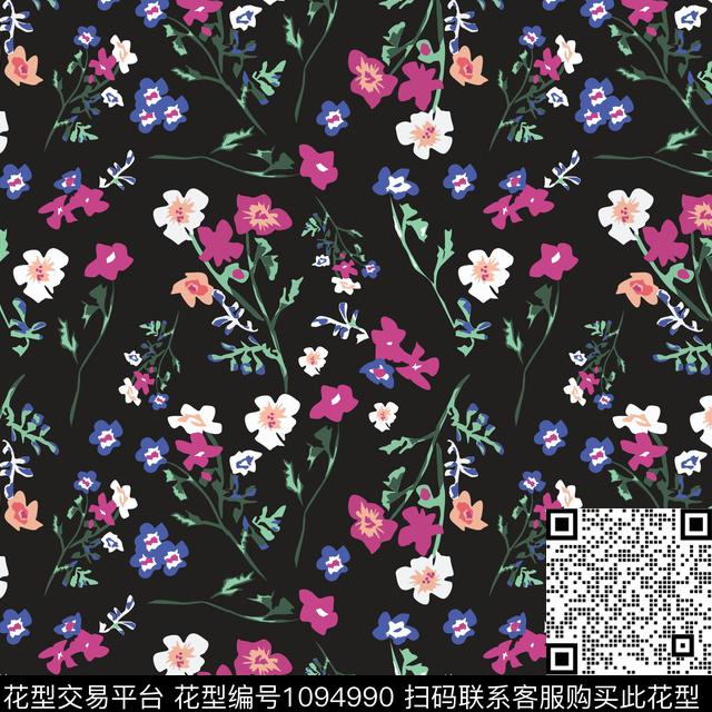 红花小碎花黑底花卉传统印花华亿平台下载（图片编号: 1094990） - 瓦栏（Walan）
