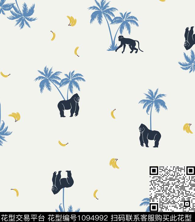 椰子树香蕉猴子传统印花华亿平台下载（图片编号: 1094992） - 瓦栏（Walan）