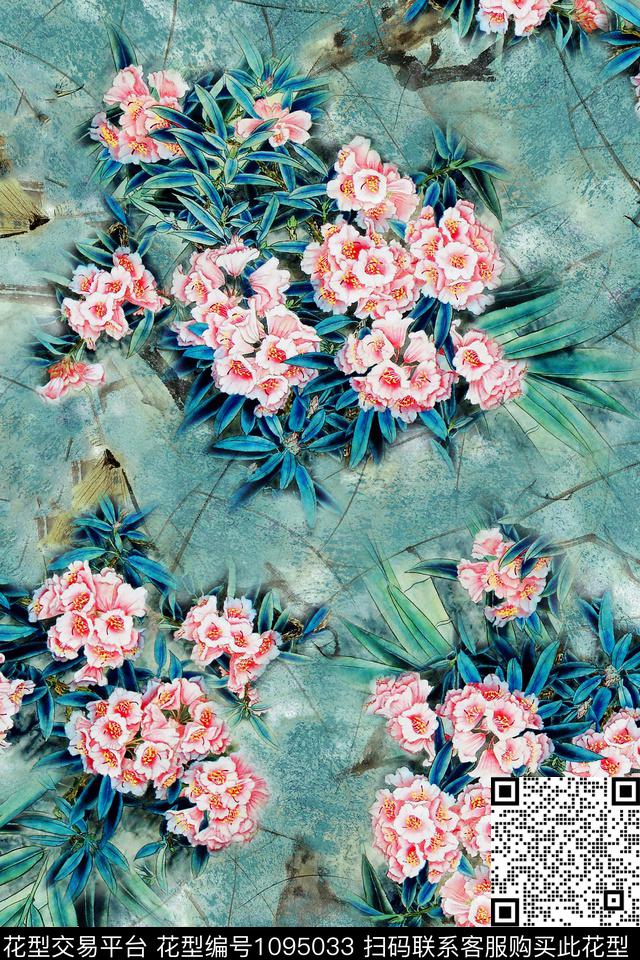 花卉国画云纹底数码印花华亿平台下载（图片编号: 1095033） - 瓦栏（Walan）
