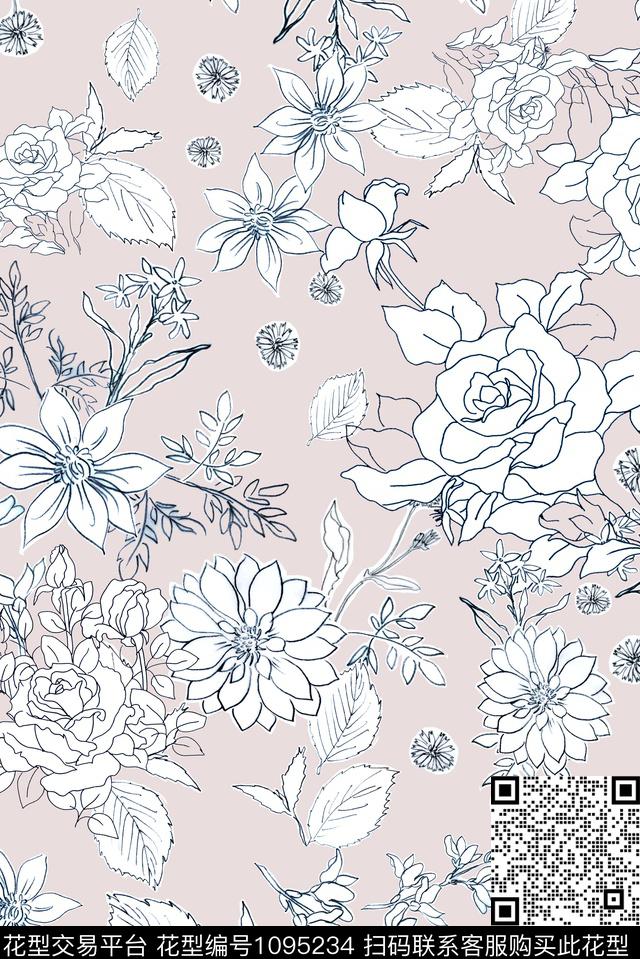 线条花卉花卉清爽底花卉数码印花华亿平台下载（图片编号: 1095234） - 瓦栏（Walan）