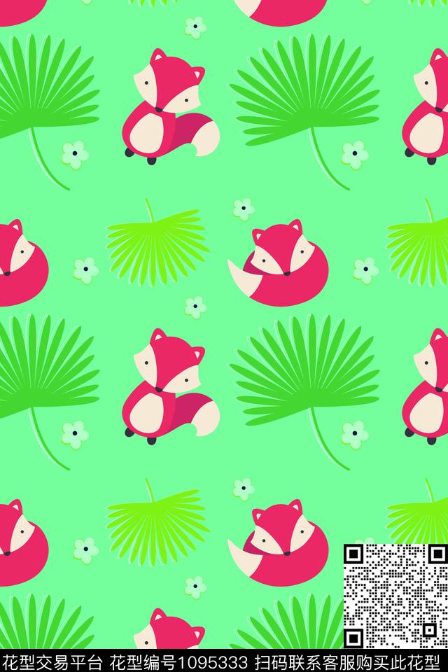 狐狸绿植树叶小碎花传统印花华亿平台下载（图片编号: 1095333） - 瓦栏（Walan）