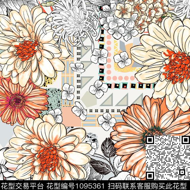 线条花卉几何数码印花华亿平台下载（图片编号: 1095361） - 瓦栏（Walan）