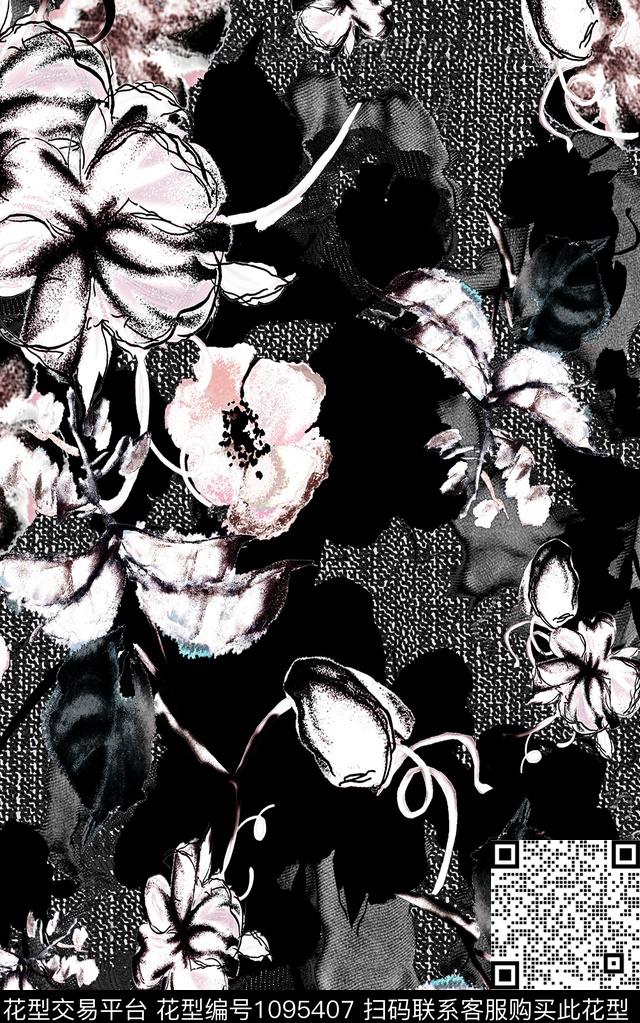 肌理花卉黑白华亿平台数码印花华亿平台下载（图片编号: 1095407） - 瓦栏（Walan）