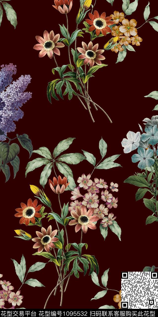 花卉深底手绘花卉数码印花华亿平台下载（图片编号: 1095532） - 瓦栏（Walan）