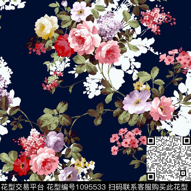 花卉满版散花水彩花卉数码印花华亿平台下载（图片编号: 1095533） - 瓦栏（Walan）