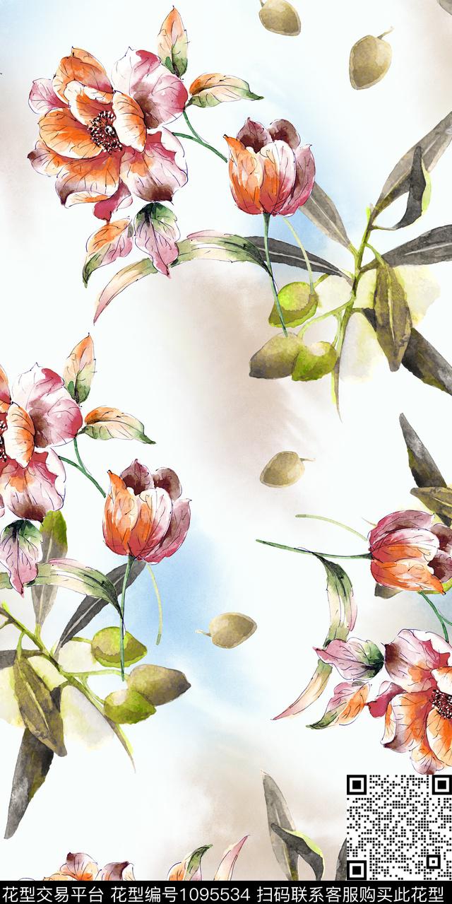 花卉水彩花卉满版散花数码印花华亿平台下载（图片编号: 1095534） - 瓦栏（Walan）