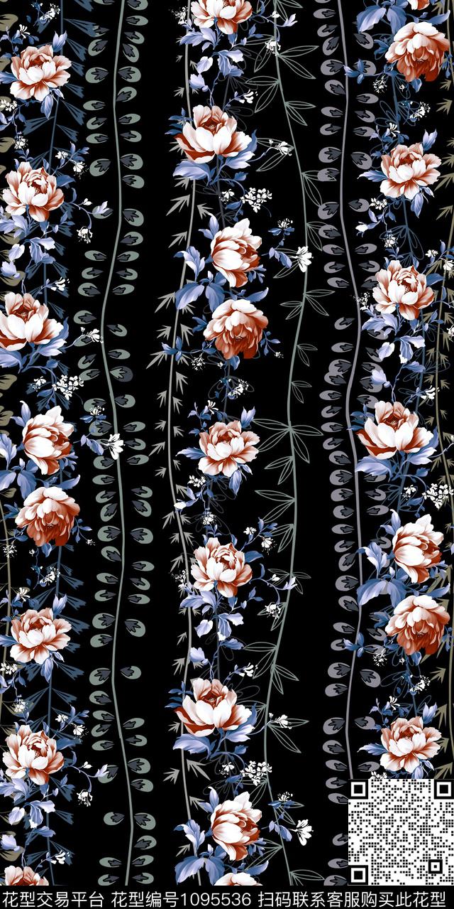 底纹花卉黑底花卉数码印花华亿平台下载（图片编号: 1095536） - 瓦栏（Walan）