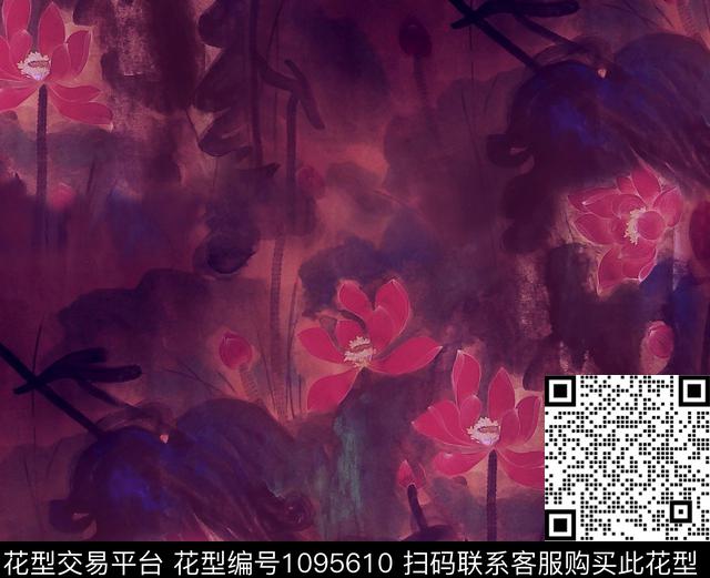 雪纺香云纱荷花数码印花华亿平台下载（图片编号: 1095610） - 瓦栏（Walan）