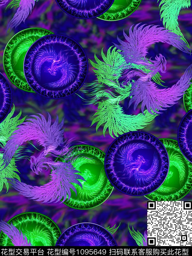 复古凤凰炫彩数码印花华亿平台下载（图片编号: 1095649） - 瓦栏（Walan）