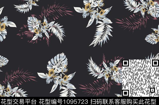 黑底花卉绿植树叶红叶白叶传统印花华亿平台下载（图片编号: 1095723） - 瓦栏（Walan）