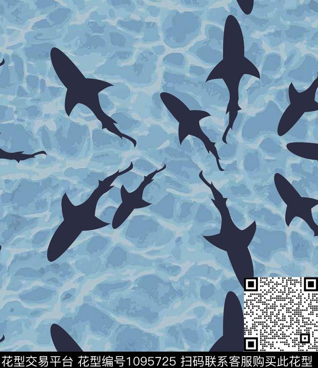 海洋鲨鱼蓝色海底传统印花华亿平台下载（图片编号: 1095725） - 瓦栏（Walan）