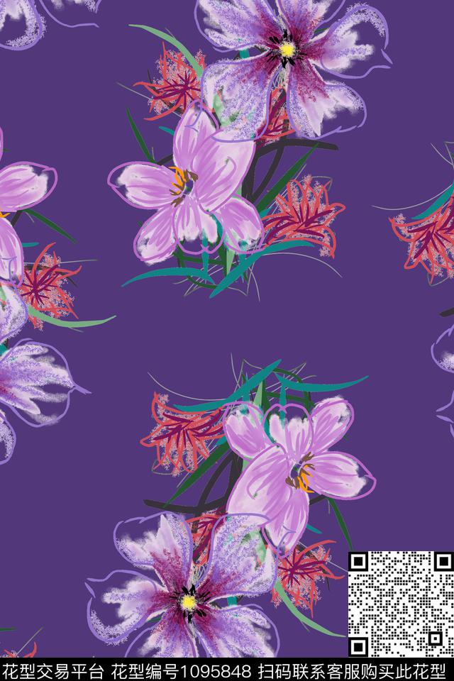 数码华亿平台手绘花卉花卉数码印花华亿平台下载（图片编号: 1095848） - 瓦栏（Walan）