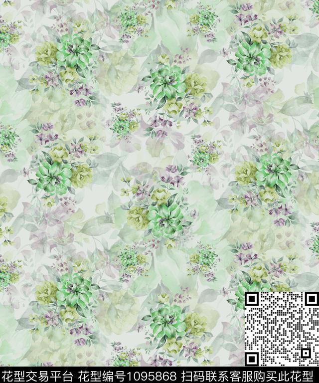 大花中国风水彩花卉数码印花华亿平台下载（图片编号: 1095868） - 瓦栏（Walan）