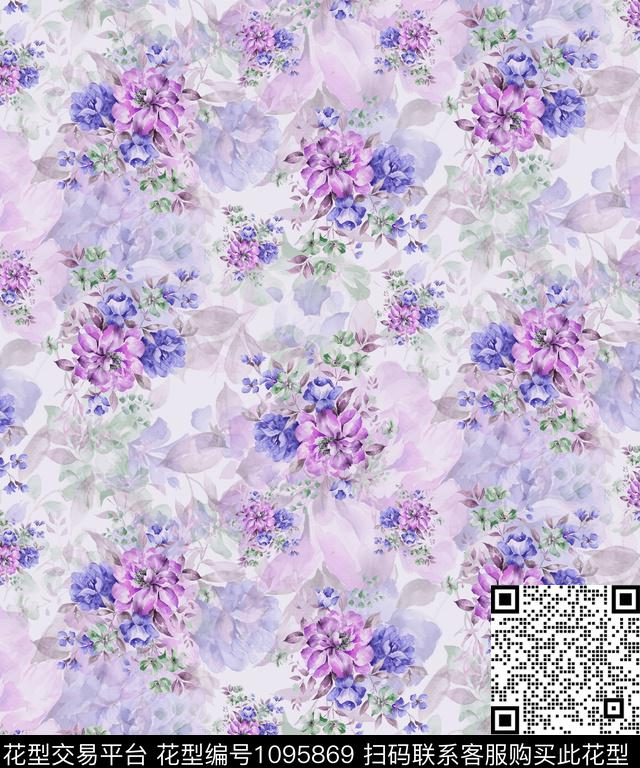 大花中国风水彩花卉数码印花华亿平台下载（图片编号: 1095869） - 瓦栏（Walan）