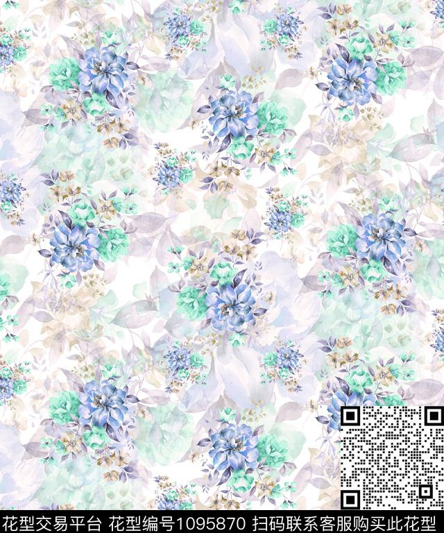 大花中国风水彩花卉数码印花华亿平台下载（图片编号: 1095870） - 瓦栏（Walan）