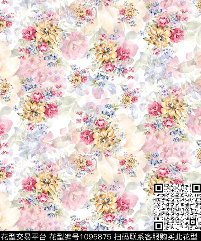 大花中国风水彩花卉数码印花华亿平台下载（图片编号: 1095875） - 瓦栏（Walan）
