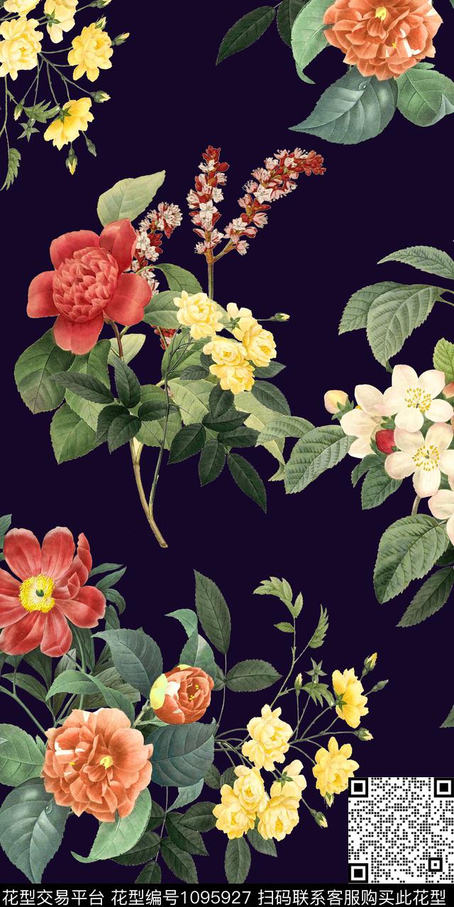 手绘花卉满版散花仿真花数码印花华亿平台下载（图片编号: 1095927） - 瓦栏（Walan）