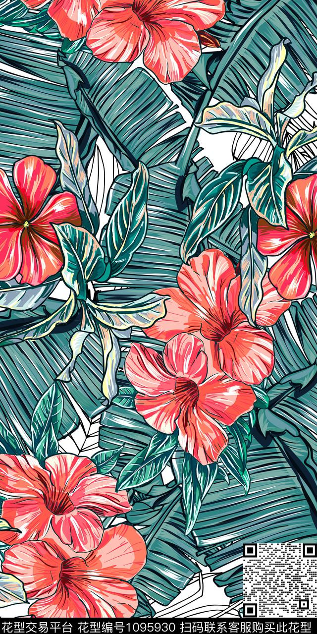 扶桑花热带华亿平台棕榈树传统印花华亿平台下载（图片编号: 1095930） - 瓦栏（Walan）