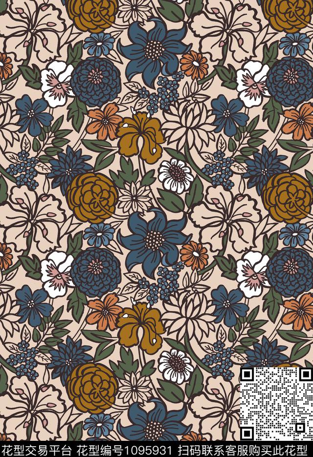 矢量小碎花抽象花卉传统印花华亿平台下载（图片编号: 1095931） - 瓦栏（Walan）