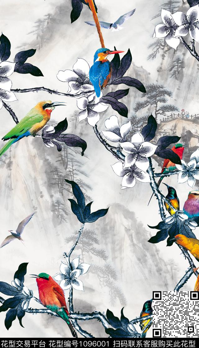 鸟国画水墨风数码印花华亿平台下载（图片编号: 1096001） - 瓦栏（Walan）