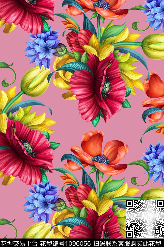 郁金香罂粟花植物数码印花华亿平台下载（图片编号: 1096056） - 瓦栏（Walan）