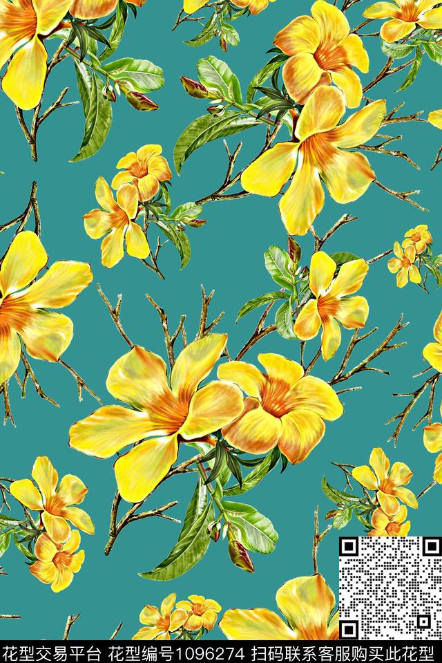 手绘花卉女装数码印花华亿平台下载（图片编号: 1096274） - 瓦栏（Walan）