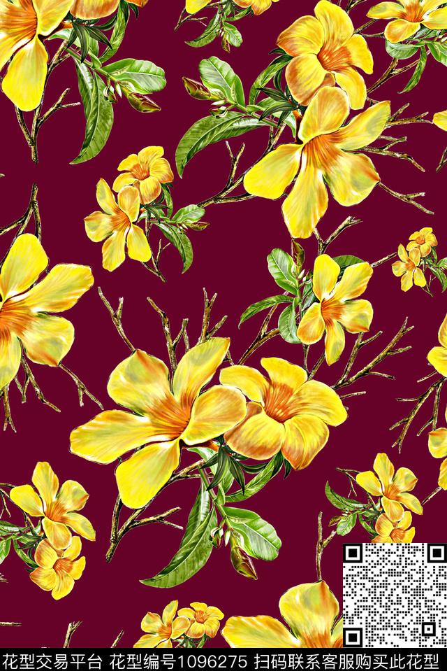 大花手绘花卉女装数码印花华亿平台下载（图片编号: 1096275） - 瓦栏（Walan）